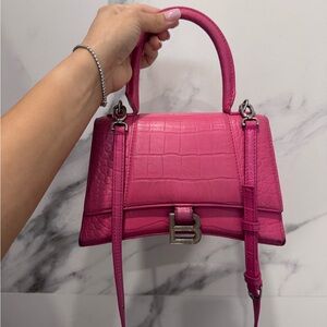 Balenciaga Hourglass Top Handle Satchel in Bright Fuchsia and silver hardware